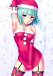  absurdres ange_vierge aqua_hair armpits asamurasaki bangs bare_shoulders blue_eyes blunt_bangs blush breasts christmas cleavage dress eins_exaura elbow_gloves garter_straps gloves hat highres looking_at_viewer medium_breasts open_mouth red_legwear santa_costume santa_hat skirt skirt_pull sleeveless solo standing strapless_santa_dress sweat thighhighs zettai_ryouiki 