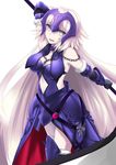  absurdres arm_up armor armored_boots armored_dress armpits black_gloves boots breasts celeryma chain cleavage cowboy_shot dress fate/grand_order fate_(series) gloves highres holding holding_weapon jeanne_d'arc_(alter)_(fate) jeanne_d'arc_(fate)_(all) long_hair looking_at_viewer medium_breasts open_mouth polearm purple_dress silver_hair sleeveless sleeveless_dress solo standing thighhighs very_long_hair weapon yellow_eyes 