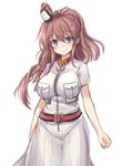  anchor ascot belt blue_eyes breast_pocket breasts brown_hair dress impossible_clothes kantai_collection kokutou_nikke large_breasts long_hair looking_at_viewer pocket ponytail red_neckwear saratoga_(kantai_collection) side_ponytail smile smokestack solo standing white_dress 