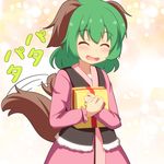  :d ^_^ animal_ears blush box carrying cato_(monocatienus) closed_eyes dog_ears dog_tail facing_viewer gift gift_box green_eyes green_hair kasodani_kyouko long_hair object_hug open_mouth smile solo tail tail_wagging touhou translation_request 