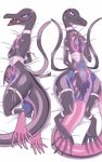  blush choker corset dakimakura fangs gen_7_pokemon highres lizard looking_at_viewer multiple_views pokemon pokemon_(creature) salazzle shirokoma_(wagahai_hakushaku) slit_pupils tail thigh_strap wide_hips 