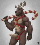  abs badcoyote beard blue_eyes candy candy_cane cervine christmas clothing erection facial_hair food harness holidays looking_at_viewer male mammal manly mistletoe muscular nipples penis plant reindeer solo standing thong uncut 