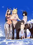  beach big_breasts bikini black_hair blonde_hair breasts centaur clothing dark_skin donganbenben equine equine_taur female hair human long_hair mammal nude seaside short_hair small_breasts swimsuit taur water young 