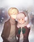  blonde_hair blush closed_eyes earmuffs embarrassed european_clothes fire_emblem fire_emblem_if gloves grey_hair highres hug leon_(fire_emblem_if) male_focus multiple_boys scarf snowflakes snowing takumi_(fire_emblem_if) yaoi 