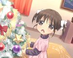  bangs brown_eyes brown_hair child christmas christmas_is_cancelled christmas_ornaments christmas_tree commentary d: dutch_angle eeeeee frown indoors open_mouth original solo star twintails wavy_eyes wavy_mouth 