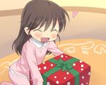  :d blush brown_hair child christmas closed_eyes commentary eeeeee gift heart open_mouth original smile solo 