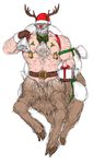  beard bell belt cervine christmas clothing facial_hair gift gloves hat holidays male mammal nakano-shou nipple_pieicing red_nose reindeer sack santa_claus santa_hat solo taur white_backgound 