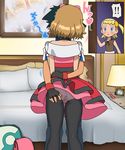  1boy 2girl ass ass_grab black_hair blonde_hair blush bow caught child dress eureka_(pokemon) gloves hair_ornament highres kiss necklace pantyhose pink_bow pink_dress pink_skirt pokemon pokemon_(anime) pussy red_dress red_skirt satoshi_(pokemon) serena_(pokemon) short_hair skirt skirt_lift thigh_gap thighhighs walk-in 