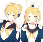 1girl :d alternate_hairstyle birthday blonde_hair blue_eyes blue_sweater bow camisole closed_mouth commentary earmuffs fingernails flat_chest floral_background fur_trim hair_bow kagamine_len kagamine_rin light_particles long_sleeves looking_at_viewer low_twintails lpip matching_outfit neckerchief open_mouth paw_pose pointing pointing_at_self ponytail ribbon sailor_collar smile spaghetti_strap sweater twintails upper_body vocaloid white_background white_bow white_ribbon 