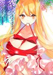  bangs bare_shoulders between_breasts blonde_hair bow breasts closed_mouth collarbone detached_sleeves eyebrows_visible_through_hair fingernails flower frills glowing highres large_breasts light_particles long_hair looking_at_viewer mouth_hold red_bow red_ribbon ribbon ribbon_in_mouth roh_nam_kyung shiny shiny_hair shiny_skin sleeves_past_elbows smile solo touhou upper_body white_background wide_sleeves wisteria yakumo_yukari yellow_eyes 