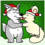  age_difference animal_genitalia anthro balls black_nose blush canine christmas duo elder eyebrows eyes_closed fur hamster happy hat holidays kissing licking male mammal mature_male navel nishi nude oxynard penis rodent santa_hat sheath simple_background small_penis tongue tongue_out whiskers wolf wulf_ellis 