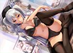  beret black_bra black_footwear black_legwear black_panties blue_eyes blurry blurry_background bra breasts commentary_request dutch_angle employee_uniform eyebrows_visible_through_hair hand_on_own_arm hat high_heels highres indoors kantai_collection kashima_(kantai_collection) knee_up large_breasts lawson looking_at_viewer navel panties partially_undressed poster_(object) saratoga_(kantai_collection) satou_daiji shirt shoes side-tie_panties silver_hair sitting smile solo spread_legs striped striped_shirt thighhighs twintails underwear uniform 