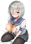  blue_eyes breasts breasts_outside collarbone eyebrows_visible_through_hair gloves grey_skirt hair_ornament hair_over_one_eye hairclip hamakaze_(kantai_collection) kantai_collection kneeling large_breasts looking_at_viewer looking_up mitsukazu_(nijigen_complex) neckerchief nipples on_bed open_clothes pantyhose pleated_skirt school_uniform serafuku short_sleeves silver_hair sitting skirt solo striped striped_skirt wariza white_gloves yellow_neckwear 