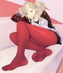  blonde_hair blue_eyes blush breasts bubuzuke couch earrings feet hair_ornament hairclip jewelry long_hair looking_at_viewer medium_breasts no_shoes pantyhose persona persona_5 red_legwear skirt smile soles solo takamaki_anne twintails 