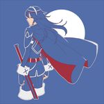  blue_background blue_hair cape falchion_(fire_emblem) fire_emblem fire_emblem:_kakusei gloves long_hair long_sleeves lucina moon pauldrons red_eyes simple_background solo sword weapon 