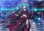  aqua_hair belt black_legwear blue_eyes clenched_hand gun hatsune_miku highres holding holding_weapon horns long_hair midriff revision shrine snowing solo thighhighs vocaloid weapon yahako 