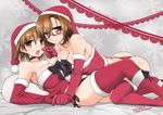  2girls all_fours artist_name ass bare_shoulders black_bow boots bow breast_press breast_squeeze breasts brown_eyes brown_hair choker christmas collarbone elbow_gloves feeding food fruit g-string gloves hat highres holding_hands huge_breasts karui_ritsuko large_breasts looking_at_viewer lying lying_on_person merry_christmas multiple_girls open_mouth original otosakazuki_torako panties red_footwear red_gloves santa_costume santa_hat short_hair side-tie_panties smile strapless_santa_dress strawberry symmetrical_docking thighhighs thong tokihama_jirou underwear 