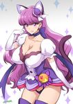  animal_ears artist_name breasts cat_ears cat_tail choker commentary_request covered_nipples cowboy_shot cure_macaron earrings elbow_gloves extra_ears food_themed_hair_ornament gloves hair_ornament jewelry joy_ride kirakira_precure_a_la_mode kotozume_yukari large_breasts long_hair looking_at_viewer macaron_hair_ornament magical_girl miniskirt panties precure purple_choker purple_eyes purple_hair purple_panties signature skirt smile solo tail thong underwear white_gloves 