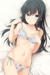 asashio_(kantai_collection) bangs bare_arms bare_shoulders black_hair blue_bra blue_eyes blue_panties bow bow_bra bow_panties bra breasts collarbone cowboy_shot floral_print hair_between_eyes hand_on_own_chest highres kantai_collection lace lace-trimmed_bra lace-trimmed_panties long_hair looking_at_viewer lying nagami_yuu navel on_back panties parted_lips print_bra print_panties side-tie_panties skindentation small_breasts solo strap_slip underwear underwear_only 