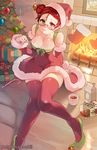  alcohol bare_shoulders blush bottle breasts candy candy_cane carton christmas christmas_lights christmas_ornaments christmas_tree cleavage commentary cup detached_sleeves dress fire fireplace food freckles glasses green_eyes green_nails hair_bun hat highres katawa_shoujo knees_together_feet_apart large_breasts liquor looking_at_viewer mug nail_polish pointing pointing_at_self pointy_shoes red_dress red_hair red_legwear ribbon rtil santa_costume santa_hat semi-rimless_eyewear setou_kenji shirakawa_yuuko shoes sitting skindentation slender_waist smile solo thick_thighs thighhighs thighs under-rim_eyewear wide_hips zettai_ryouiki 