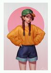  alternate_hairstyle blue_shorts braid brown_eyes brown_hair casual character_name cowboy_shot d.va_(overwatch) facepaint facial_mark green_hat hands_on_hips hat highres lips long_hair long_sleeves looking_at_viewer nose orange_shirt overwatch red_lips shirt shorts signature solo twin_braids whisker_markings 
