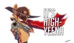  anthro cigar cowboy cowboy_hat crossover english_text fur gun hat headgear humor hyena looking_at_viewer male mammal mccree_(overwatch) nude overwatch pawpads paws pointedfox pun ranged_weapon scarf sharp_teeth smile smoke solo standing teeth text video_games weapon 