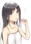  black_hair blue_eyes breasts brushing_teeth collarbone covered_nipples highres long_hair looking_at_viewer murabito_c original simple_background small_breasts solo speech_bubble upper_body white_background 