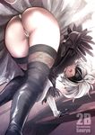  artist_name ass ass_focus black_blindfold black_dress blindfold boots breasts cleavage_cutout climbing dress embarrassed feather-trimmed_sleeves from_below large_breasts light messy_hair mole mole_under_mouth nier_(series) nier_automata outstretched_hand panties partially_visible_vulva shiny_legwear silver_hair solo souryu stairs thick_thighs thighhighs thighhighs_under_boots thighs underwear vambraces wedgie white_panties yorha_no._2_type_b 