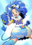  :d animal_ears blue blue_eyes blue_gloves blue_hair blue_legwear choker clenched_hand commentary_request crown cure_gelato doriyamatsurugi earrings fang fighting_stance gloves highres jewelry kirakira_precure_a_la_mode kneehighs layered_skirt lion_ears lion_tail long_hair magical_girl mini_crown open_mouth precure sketch smile solo tail tategami_aoi 