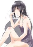  babydoll between_legs black_hair breasts brown_eyes cleavage eyebrows_visible_through_hair hand_between_legs highres knee_up long_hair murabito_c nightgown one_eye_closed original sitting small_breasts solo strap_slip waking_up white_background 