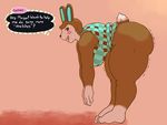  2016 animal_crossing anthro bent_over big_breasts big_butt big_thighs black_nose blush bottomless breasts brown_hair butt carmen_(animal_crossing) clothed clothing dialogue english_text female hair huge_butt jiggle lagomorph looking_at_viewer mammal nintendo open_mouth partially_clothed rabbit shirt signirsol solo speech_bubble standing text thick_thighs video_games 