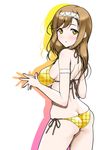  :o armband ass bare_shoulders bikini brown_hair butt_crack cowboy_shot drop_shadow earrings from_behind hairband hands_together highres jewelry kaibara_yuu kunikida_hanamaru long_hair looking_back love_live! love_live!_sunshine!! plaid plaid_bikini side-tie_bikini solo swimsuit unmoving_pattern white_background white_hairband yellow_bikini yellow_eyes 