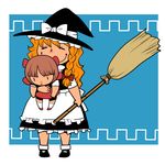  :&lt; apron bangs black_jack_(series) blonde_hair bow braid broom brown_hair closed_eyes crossover dress frilled_apron frilled_hat frills full_body hair_ribbon hat hat_bow height_difference holding holding_broom kirisame_marisa long_hair multiple_girls onikobe_rin outside_border parted_bangs pinoko ribbon short_hair short_sleeves smile socks standing touhou turtleneck waist_apron wavy_hair white_bow witch_hat |_| 