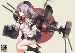  akasaai beret blue_eyes breasts epaulettes frilled_sleeves frills hat highres kantai_collection kashima_(kantai_collection) kerchief large_breasts military military_uniform outstretched_arm outstretched_hand pleated_skirt rising_sun silver_hair skirt smile solo sunburst turret twintails uniform wavy_hair 