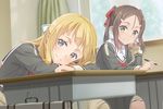  bangs blonde_hair blush bow brown_eyes brown_hair classroom closed_mouth curtains day desk dutch_angle green_eyes hair_bow hair_ornament hairclip half_updo head_tilt holding holding_pencil indoors long_hair long_sleeves looking_at_another looking_at_viewer mechanical_pencil miyoshi_karin multiple_girls nogi_sonoko okutagon parted_bangs parted_lips pencil red_bow sanshuu_middle_school_uniform school_briefcase school_desk school_uniform serafuku sitting smile striped striped_bow twintails white_bow window yuuki_yuuna_wa_yuusha_de_aru yuusha_de_aru 