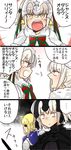  artoria_pendragon_(all) blonde_hair fate/grand_order fate/stay_night fate_(series) headpiece highres jeanne_d'arc_(alter)_(fate) jeanne_d'arc_(fate) jeanne_d'arc_(fate)_(all) jeanne_d'arc_alter_santa_lily long_hair ponytail saber saber_alter santa_alter short_hair sword taichou_furyou translation_request weapon yellow_eyes younger 