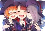  :d black_ribbon blue_hat blue_robe blush brown_hair cheek-to-cheek closed_eyes collared_shirt commentary_request glasses group_hug hair_over_one_eye happy hat hat_ornament hat_ribbon hug kagari_atsuko little_witch_academia long_hair lotte_jansson multiple_girls neck_ribbon onigensou open_mouth orange_hair pale_skin purple_hair red-framed_eyewear red_ribbon ribbon round_eyewear round_teeth semi-rimless_eyewear shirt short_hair simple_background smile sucy_manbavaran teeth upper_body white_background white_shirt witch_hat 