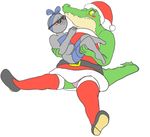  anonymous anthro blush breasts christmas clothing costume crocodile crocodilian eyewear female grey_sclera hat holding_character holidays humanoid kl0ndike panties reptile ribbons santa_costume santa_hat scalie sharp_teeth sunglasses sweat teeth underwear upskirt what yellow_eyes 