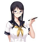  bad_id bad_pixiv_id black_hair breasts glasses gorua_(youce01) large_breasts looking_at_viewer mole mole_under_eye original pen school_uniform serafuku short_hair simple_background sketch smile solo upper_body white_background 