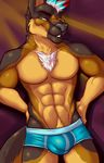  2016 abs abstract_background anthro biceps boxers_(clothing) bulge canine chest_tuft clothed clothing digital_media_(artwork) dog fcsimba german_shepherd hi_res male mammal muscular muscular_male pecs pinup pose ryker_(rykersheppy) smile solo standing topless tuft underwear 