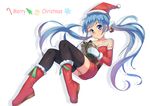  absurdres bell black_legwear blue_eyes blue_hair boots full_body gift hair_bell hair_ornament hat hatsune_miku highres jingle_bell light_smile long_hair looking_at_viewer merry_christmas mittens red_footwear santa_costume santa_hat solo strapless_santa_dress thighhighs twintails very_long_hair vocaloid white_background yang_(wuhan) 