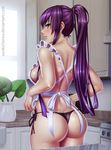  absurdres apron ass bare_shoulders black_panties blue_eyes blush breasts busujima_saeko butt_crack dimples_of_venus highres highschool_of_the_dead kitchen long_hair looking_at_viewer looking_back medium_breasts nearly_naked_apron nikita_varb panties parted_lips purple_hair shoulder_blades side-tie_panties sideboob solo thighs thong underwear watermark web_address white_apron 