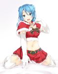  :d alternate_costume blue_eyes blue_hair bow breasts capelet double_bun elbow_gloves gloves highres indigorabbit kantai_collection kneeling large_breasts looking_at_viewer midriff navel open_mouth santa_costume smile solo spread_legs thighhighs urakaze_(kantai_collection) 