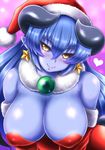  astaroth_(shinrabanshou) bangs bare_shoulders blue_hair blue_sclera blue_skin blush breasts christmas cleavage closed_mouth commentary_request covered_nipples demon_girl demon_horns detached_sleeves dress earrings fur_trim hair_between_eyes hat heart horns jewelry kittan_(cve27426) large_breasts leaning_forward pointy_ears red_dress santa_hat shinrabanshou shiny shiny_skin smile solo star star_earrings tsurime upper_body yellow_eyes 