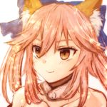  amano-sora animal_ears blush bow collarbone fate/extra fate_(series) fox_ears hair_bow light_smile looking_at_viewer lowres pink_hair simple_background solo tamamo_(fate)_(all) tamamo_no_mae_(fate) white_background yellow_eyes 