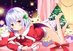  :3 =_= arm_support bangs barefoot bat_wings bell blush boots_removed breasts christmas_ornaments christmas_tree collarbone curtains gift hair_between_eyes hair_ornament hyurasan indoors lavender_hair leaf_hair_ornament looking_at_viewer lying medium_breasts on_stomach red_eyes red_ribbon remilia_scarlet ribbon santa_costume short_hair sky smile solo sparkle star star_(sky) starry_sky stuffed_animal stuffed_cat stuffed_toy the_pose touhou wings |_| 