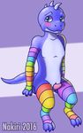  2016 3_toes abstract_background animal_genitalia anthro arm_warmers blue_skin blush claws cloaca clothed clothing crossdressing embarrassed girly green_eyes half-erect invalid_tag legwear male nakiri nakiri_(artist) penis purple_background rainbow rainbow_stockings reptile scalie simple_background sitting slit smile stockings thigh_highs toes 