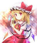  ascot blonde_hair blush bow closed_mouth cowboy_shot crystal flandre_scarlet frilled_shirt_collar frills from_side hat hat_bow looking_at_viewer looking_to_the_side minust mob_cap red_bow red_eyes red_skirt red_vest short_sleeves side_ponytail skirt slit_pupils solo touhou vest wings 