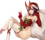  1girl :d blush bow christmas commentary cup drinking_glass elbow_gloves english_commentary eyeshadow fang fate_(series) fur_trim garter_straps glass gloves green_bow hat headpiece highres holding holding_cup horns leotard looking_at_viewer makeup oni oni_horns open_mouth purple_eyes purple_hair reclining red_gloves red_hat red_leotard sack santa_costume santa_hat short_hair shuten_douji_(fate/grand_order) simple_background sitting smile solo sookmo thighhighs white_background white_legwear 