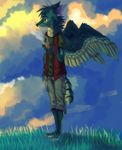  anthro barefoot black_nose blue_feathers blue_fur canine clothed clothing day feathered_wings feathers fox fur grass male mammal outside sky solo standing wings yellow_eyes zenirix 